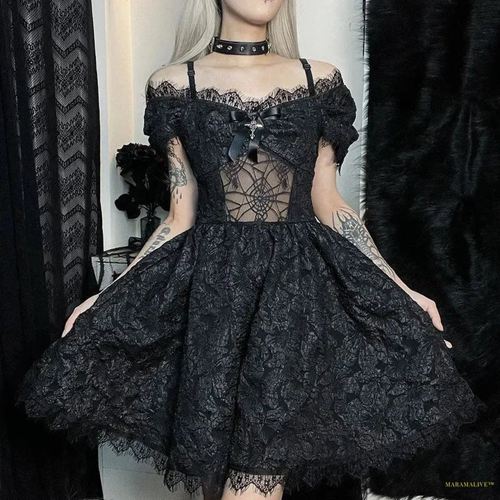 Maramalive™ Dark Goth Mall Gothic Mesh See Through Sexy A-line Dresses Halloween Grunge Jacquard Lace Hem Partywear Lolita Cute Women Dress