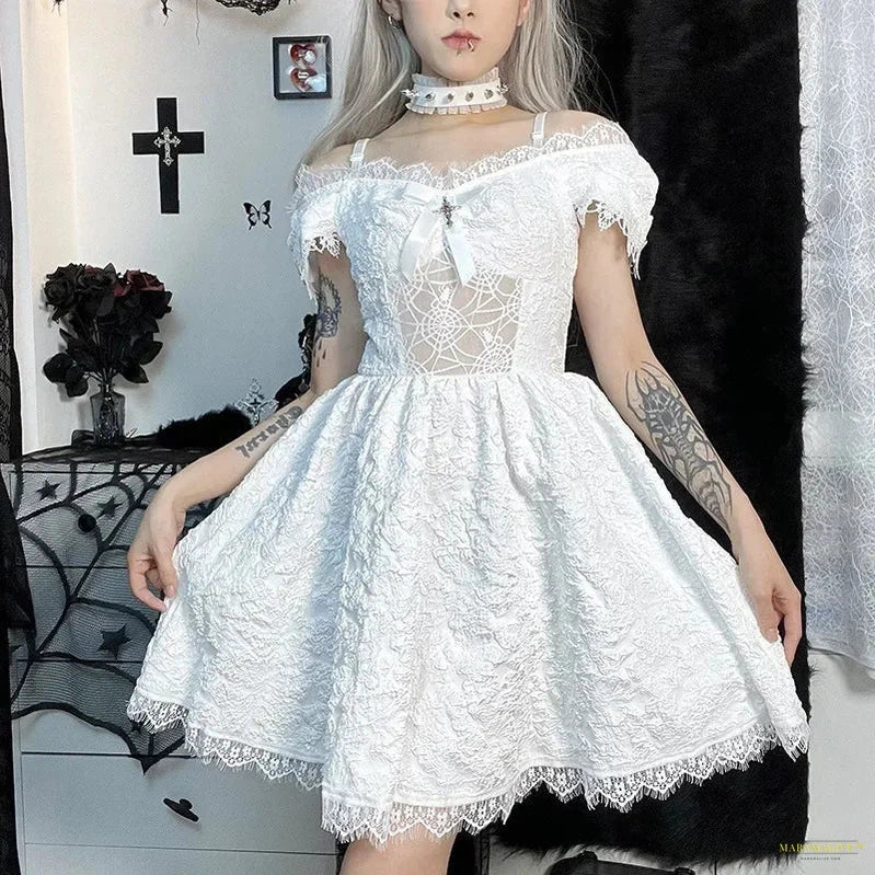 Maramalive™ Dark Goth Mall Gothic Mesh See Through Sexy A-line Dresses Halloween Grunge Jacquard Lace Hem Partywear Lolita Cute Women Dress