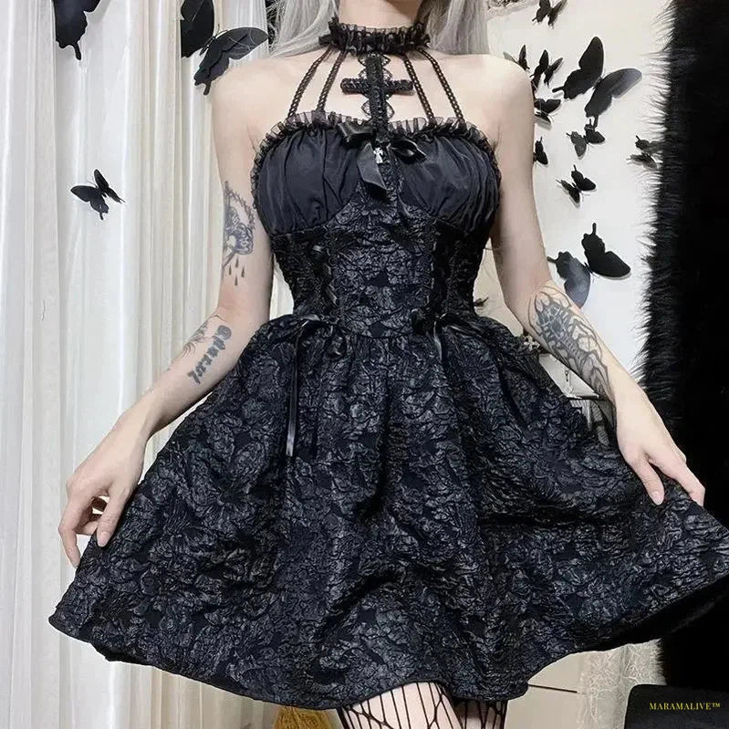 Maramalive™ Dark Goth Mall Gothic Mesh See Through Sexy A-line Dresses Halloween Grunge Jacquard Lace Hem Partywear Lolita Cute Women Dress