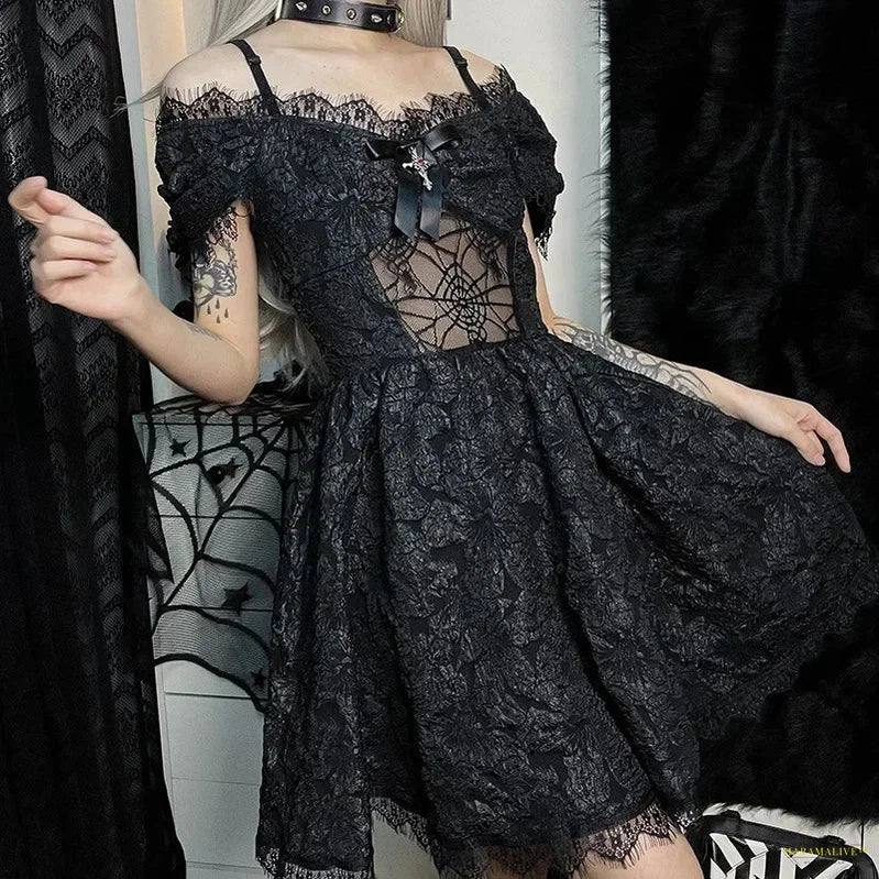 Maramalive™ Dark Goth Mall Gothic Mesh See Through Sexy A-line Dresses Halloween Grunge Jacquard Lace Hem Partywear Lolita Cute Women Dress