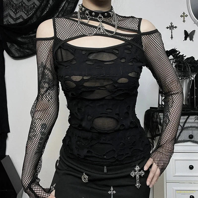 Maramalive™ Dark Gothic Grid Hole Long Sleeve T-shirt Women Punk E-girls Strapless Grunge Y2K Clothes