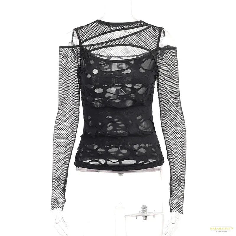 Maramalive™ Dark Gothic Grid Hole Long Sleeve T-shirt Women Punk E-girls Strapless Grunge Y2K Clothes