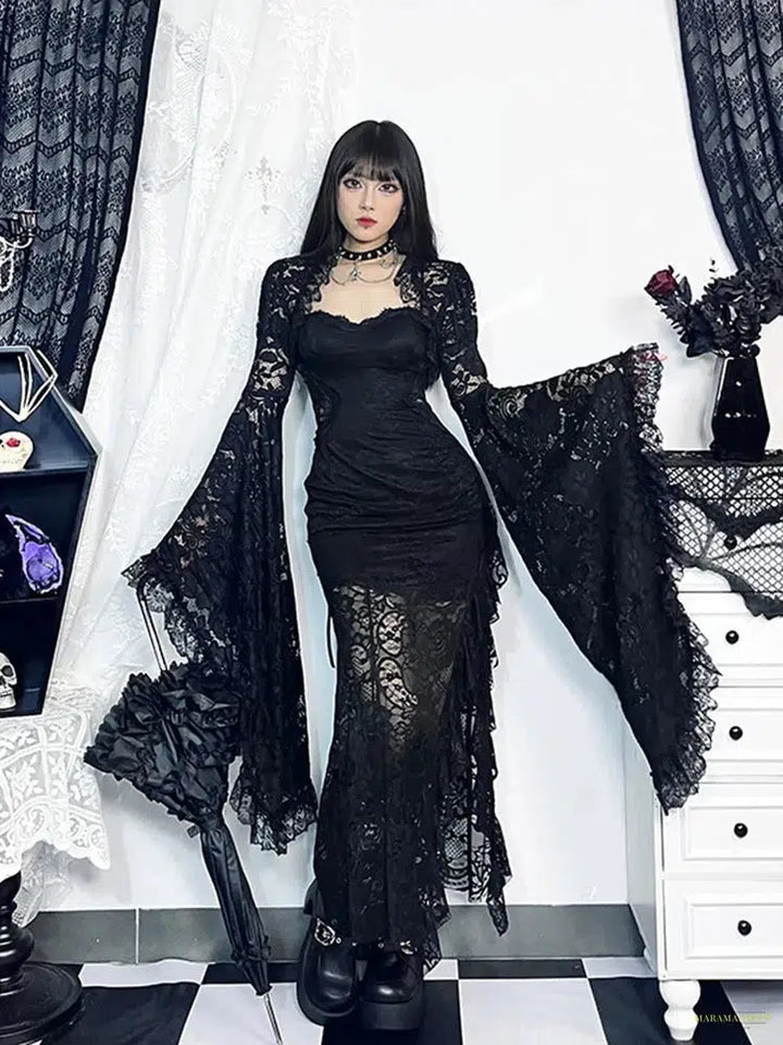 Maramalive™ Dark Gothic Lace Cover Ups Women Vintage Classic See Through Flare Sleeve Crop Top Blouse Y2k E-girl Emo Alt Rave Outfit