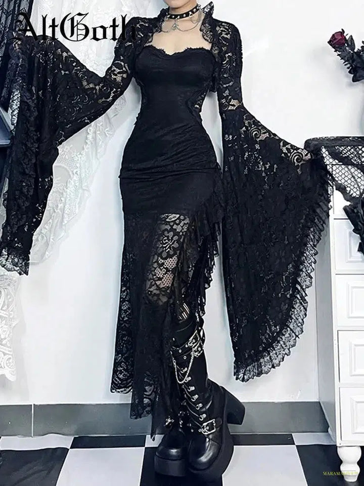 Maramalive™ Dark Gothic Lace Cover Ups Women Vintage Classic See Through Flare Sleeve Crop Top Blouse Y2k E-girl Emo Alt Rave Outfit