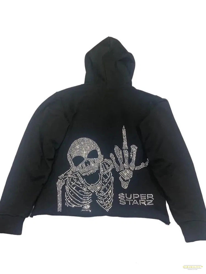 Maramalive™ Dark Hot Drill Skull Hoodie Pullover Sweatshirt High Street Retro Loose Hip Hop Punk Kpop Winter Clothes Tops Jacket Coat