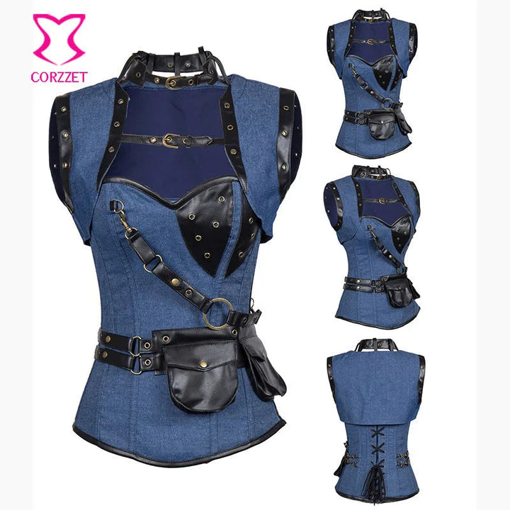 Maramalive™ Dramatic Purple Brocade Steampunk Overbust Corset & Jacket Set - Plus Size Gothic Waist Slimmer