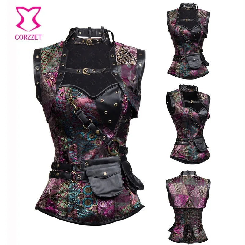 Maramalive™ Dramatic Purple Brocade Steampunk Overbust Corset & Jacket Set - Plus Size Gothic Waist Slimmer