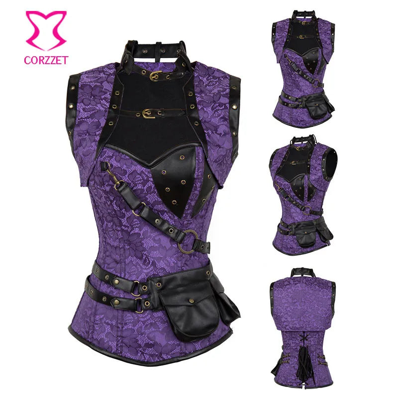 Maramalive™ Dramatic Purple Brocade Steampunk Overbust Corset & Jacket Set - Plus Size Gothic Waist Slimmer