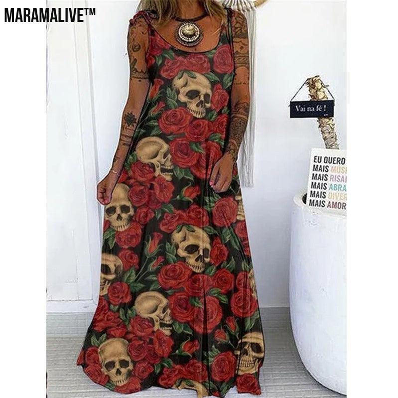 Maramalive™ Edgy Elegance - Punk Skull Print Loose Plus Size Lace-up Dress