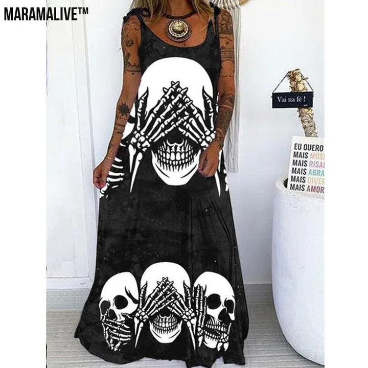 Maramalive™ Edgy Elegance - Punk Skull Print Loose Plus Size Lace-up Dress