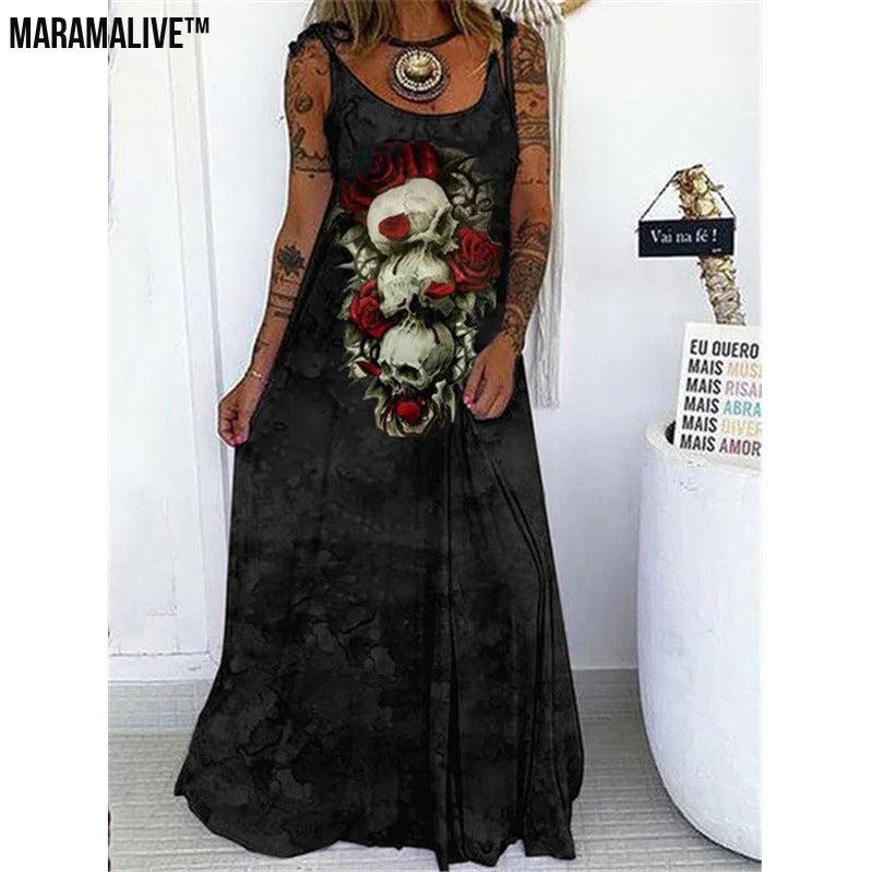 Maramalive™ Edgy Elegance - Punk Skull Print Loose Plus Size Lace-up Dress