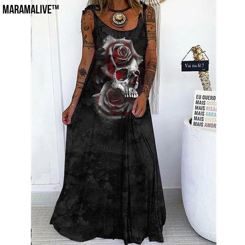 Maramalive™ Edgy Elegance - Punk Skull Print Loose Plus Size Lace-up Dress