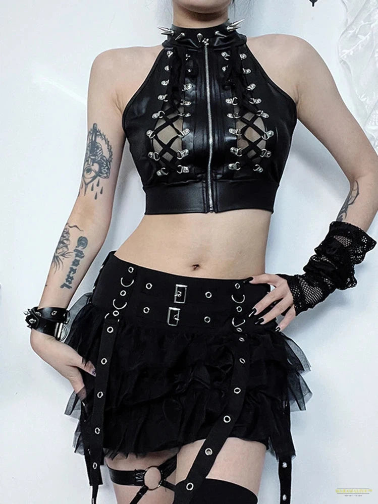 Maramalive™ Emo Alt Goth Camis Women Cyber Punk Streetwear Harajuku Lace-up See Through Zipper Halter Crop Tank Tops Y2k Rave Outfit