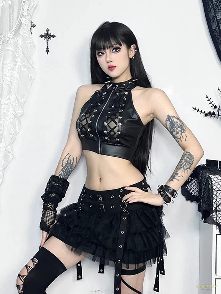 Maramalive™ Emo Alt Goth Camis Women Cyber Punk Streetwear Harajuku Lace-up See Through Zipper Halter Crop Tank Tops Y2k Rave Outfit