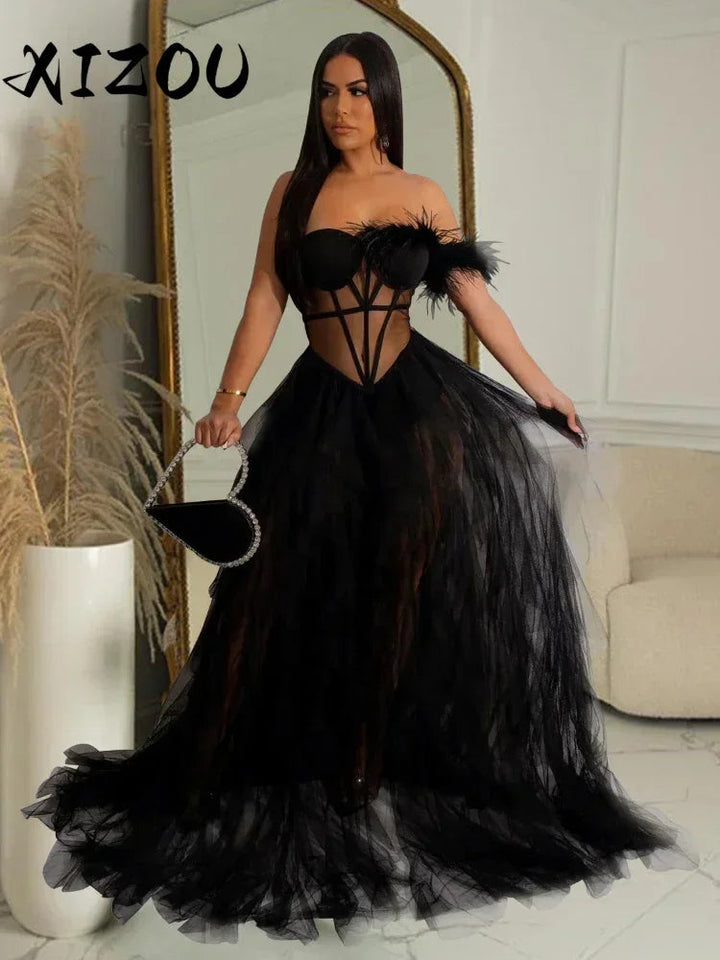 Maramalive™ Exquisite Handmade Ruffles Chiffon Feather Maxi Dress - Elegant Sheer Mesh Corset Long Party Gown & Birthday Outfits