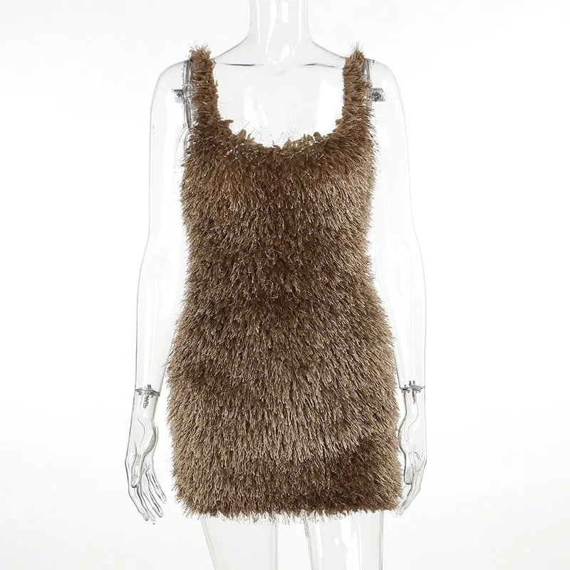 Maramalive™ Furry Slip Solid Slim Bodycon Mini Dress - A Unique Streetwear for Party and Halloween Costume