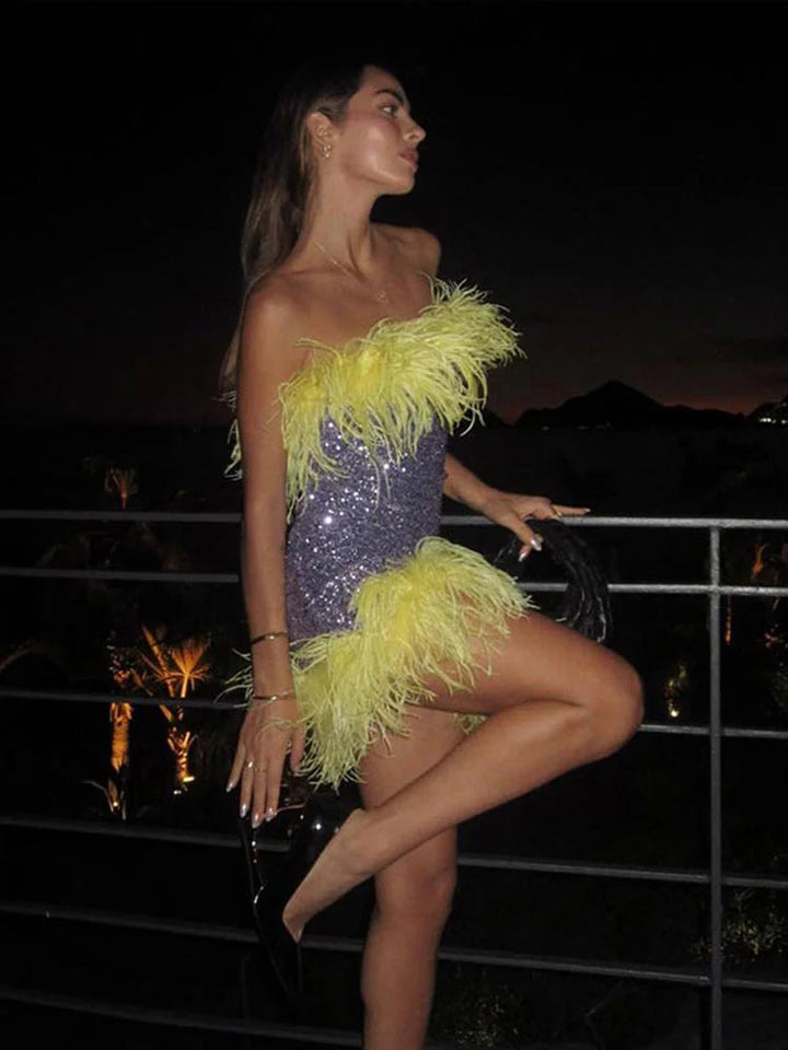 Maramalive™ Glamorous Sequins and Feather Patchwork Handmade Mini Party Dress - Costume for Clubs and Parties