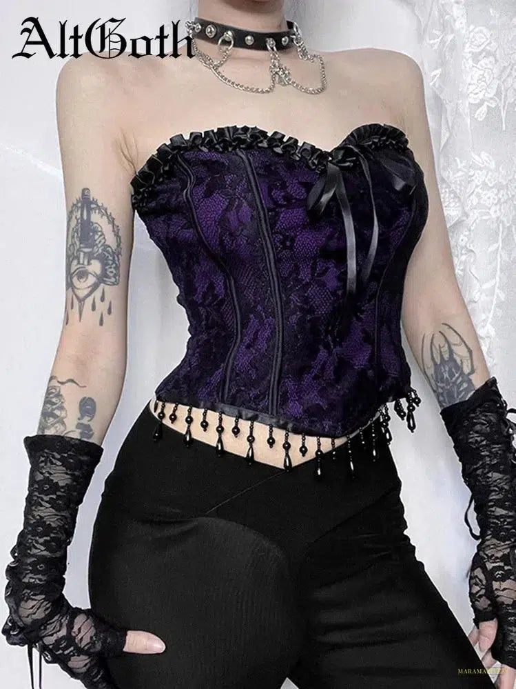 Maramalive™ Goth Aesthetic Gothic Purple Vest Women Vintage Cyber Punk Tassel Bandage Crop Tank Tops Streetwear Y2k E-girl Indie Clothes