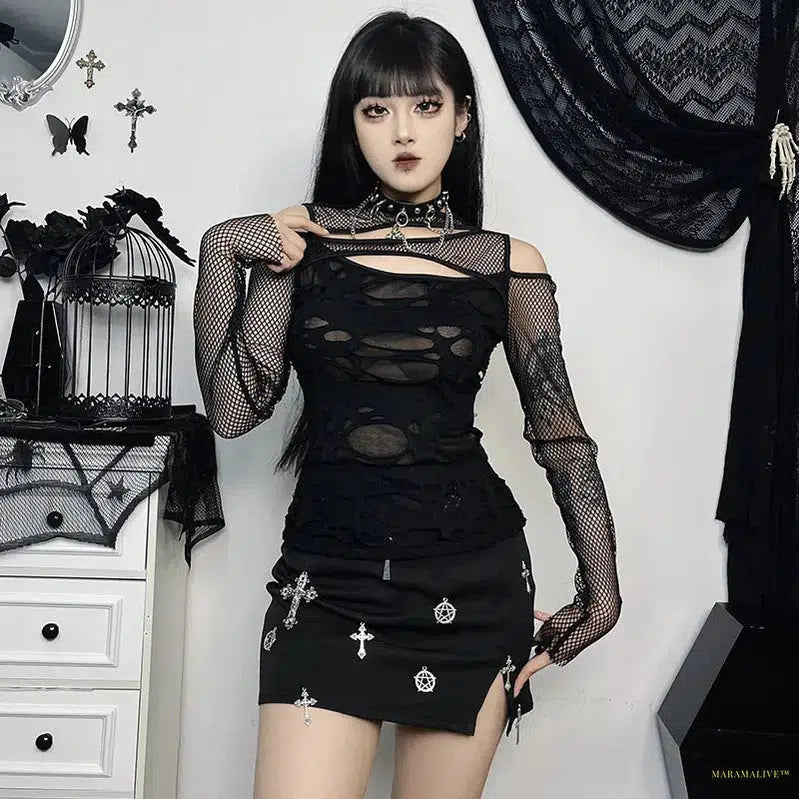 Maramalive™ Goth Dark Frayed Mall Gothic Hollow Out T-shirts Grunge Punk Fishnet Patchwork Women Blouses Sexy Long Sleeve Alt Streetwear Top