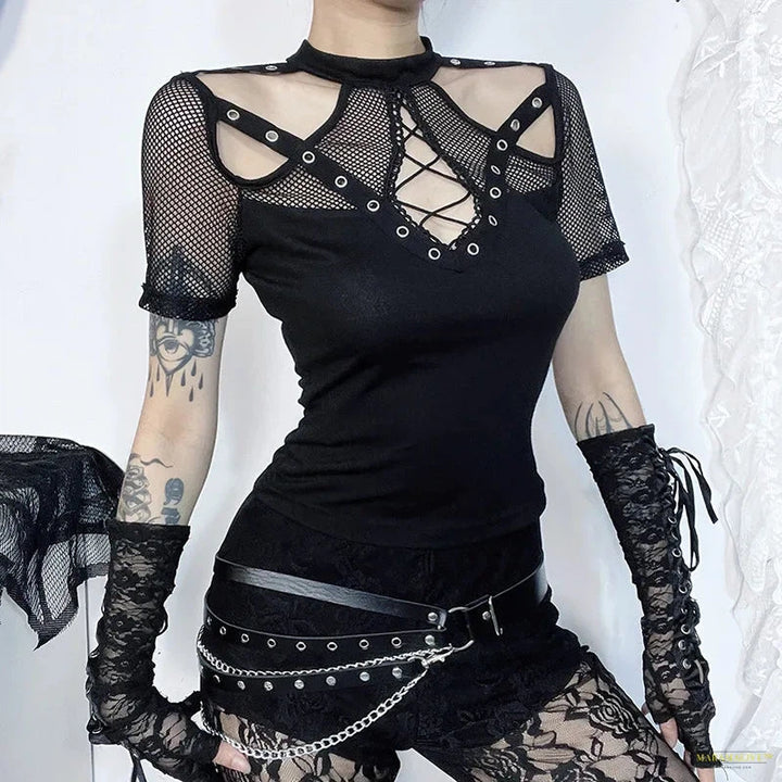 Maramalive™ Goth Dark Grunge Punk Hollow Out T-Shirts Mall Gothic Fishnet Patchwork Blouses Women Corn Sexy Bandage Alt Streetwear Crop Tees