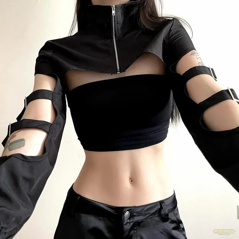 Maramalive™ Goth Dark Hollow Out Techwear Fashion Cargo Cardigans Cyber Gothic Zip Up Sexy Crop Jackets Y2k Punk Turtleneck Streetwear Tops