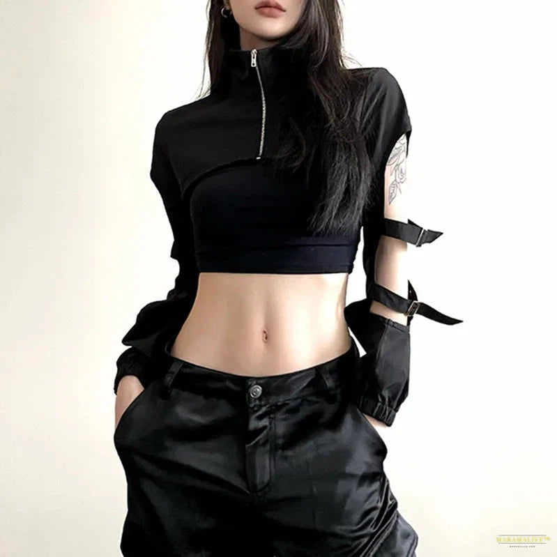 Maramalive™ Goth Dark Hollow Out Techwear Fashion Cargo Cardigans Cyber Gothic Zip Up Sexy Crop Jackets Y2k Punk Turtleneck Streetwear Tops