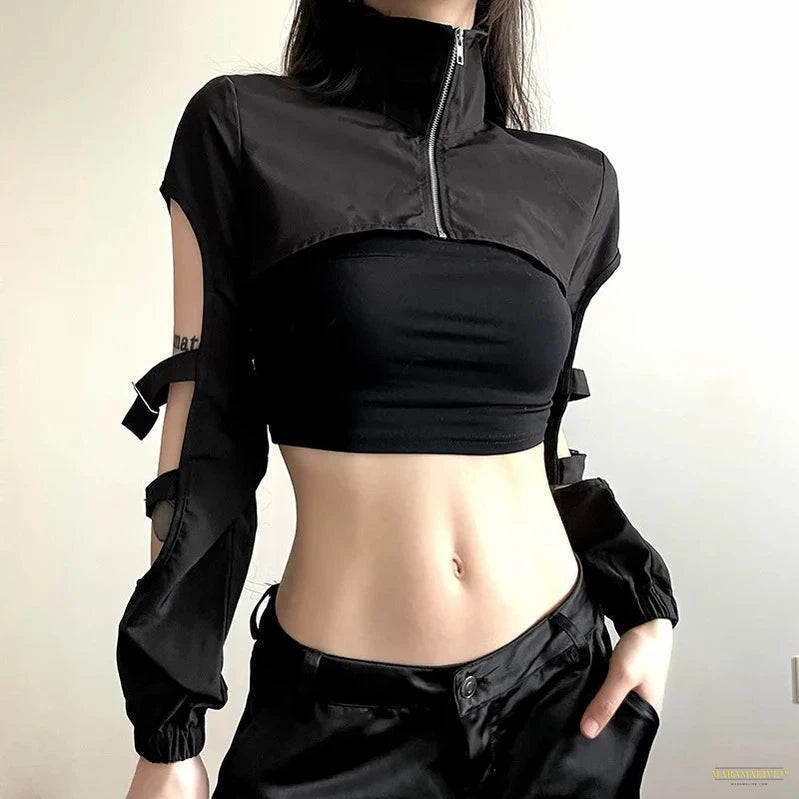 Maramalive™ Goth Dark Hollow Out Techwear Fashion Cargo Cardigans Cyber Gothic Zip Up Sexy Crop Jackets Y2k Punk Turtleneck Streetwear Tops