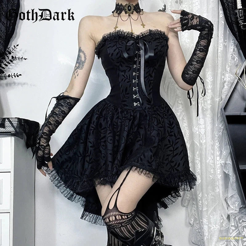 Maramalive™ Goth Dark Lace Patchwork Bandage Strapless Corset Dress Mall Gothic Party Ball Gown Fairy Hotsweet Backless Tailed Dresses Women