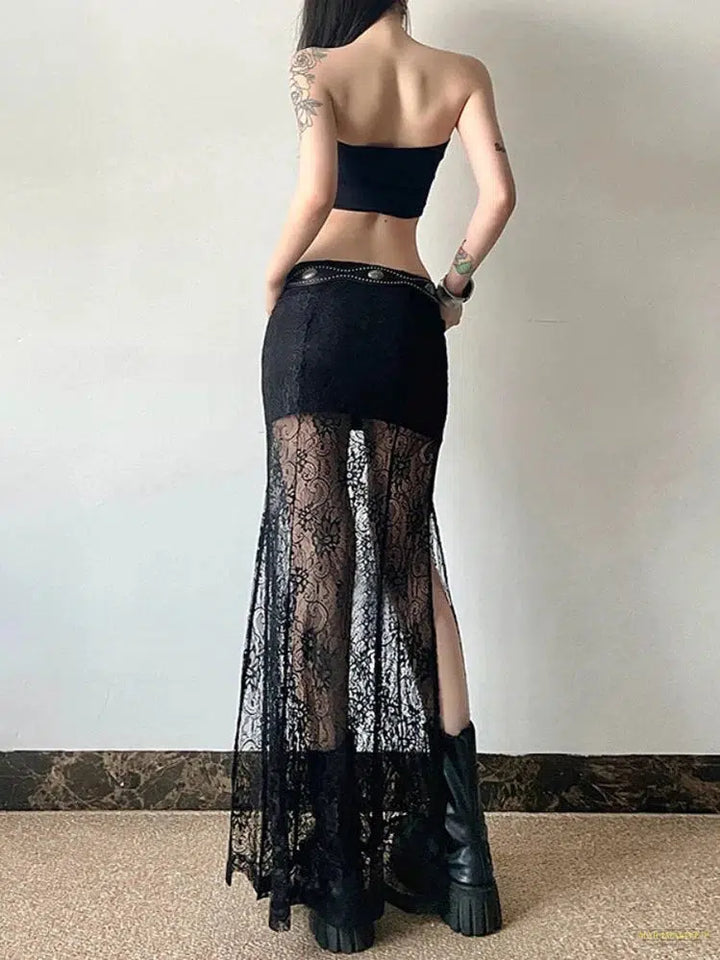 Maramalive™ Goth Fairy Grunge See Through Skirt Women Streetwear Dark Gothic Lace Patchwork High Waist Skirt Coquette Y2k E-girl Skirts