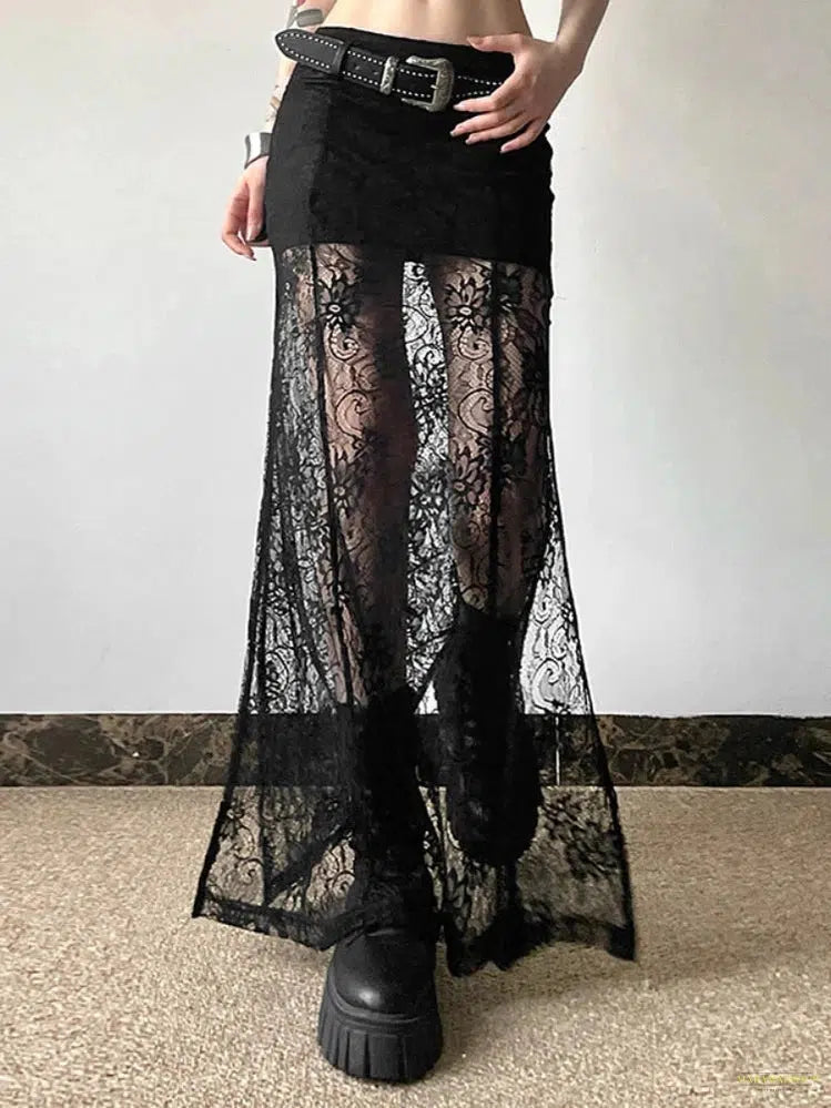 Maramalive™ Goth Fairy Grunge See Through Skirt Women Streetwear Dark Gothic Lace Patchwork High Waist Skirt Coquette Y2k E-girl Skirts