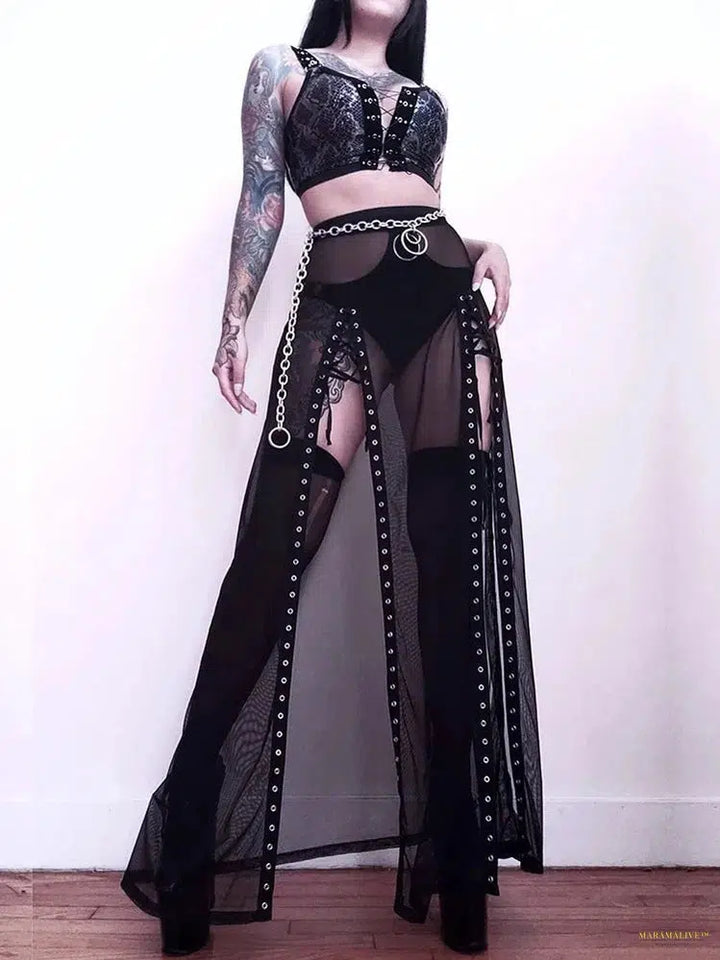 Maramalive™ Goth Mesh Long Skirt Women Streetwear Punk Sexy Vintage High Waist Split Skirt Harajuku Nightclub See Through Skirt