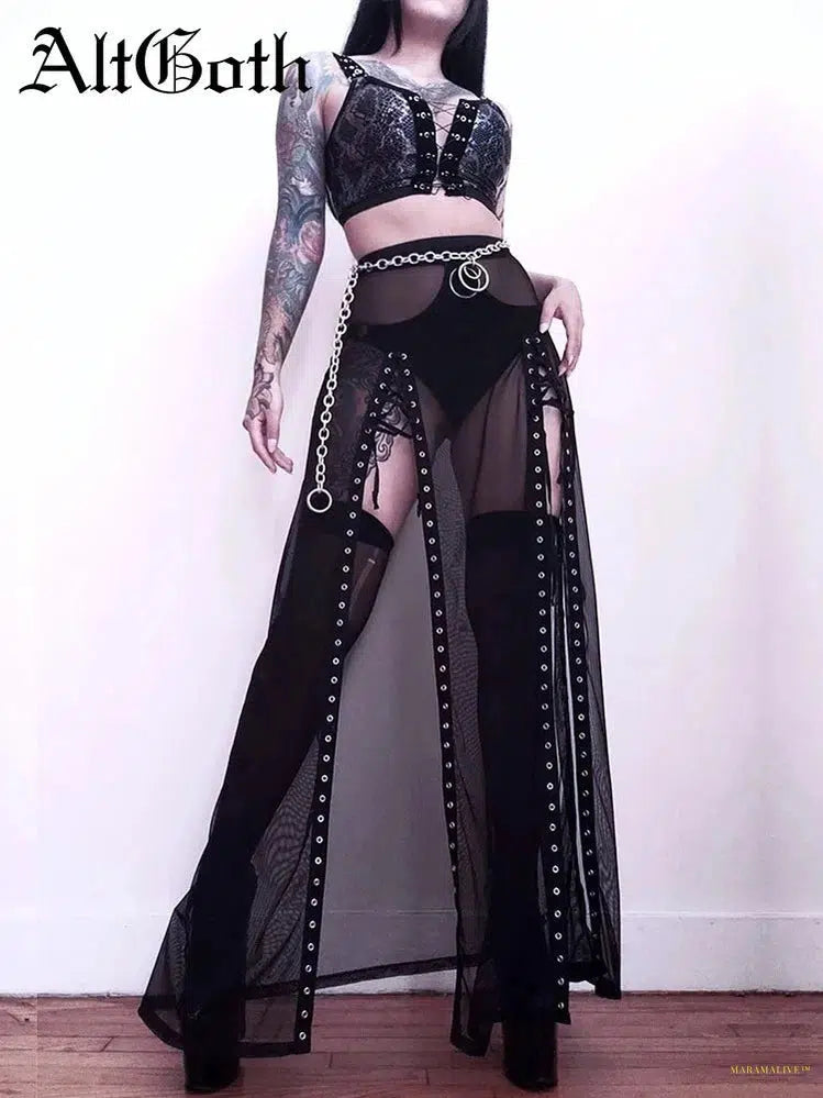 Maramalive™ Goth Mesh Long Skirt Women Streetwear Punk Sexy Vintage High Waist Split Skirt Harajuku Nightclub See Through Skirt