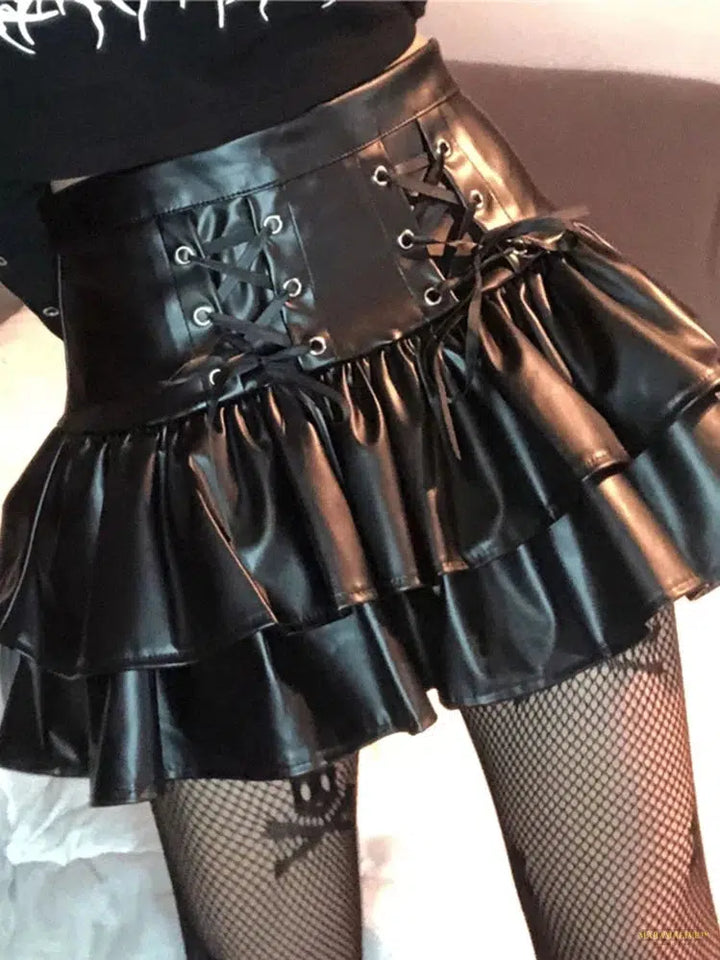 Maramalive™ Goth Punk PU Skirt Women Dark Gothic Vintage Bandage High Waist Lolita Skirt Harajuku Streetwear Emo Alt Clubwear