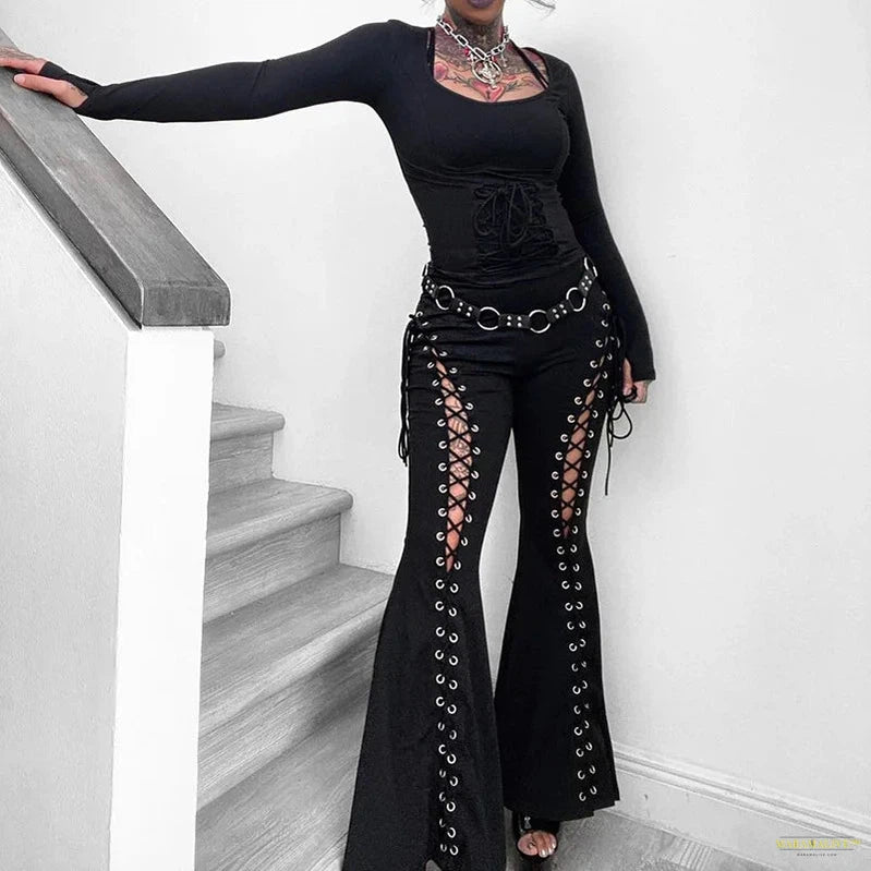 Maramalive™ Gothic Bandage Cut Out Pants Black Clothes for Women Cyber Punk Lace Up High Waist Flare Pants Dark Academia