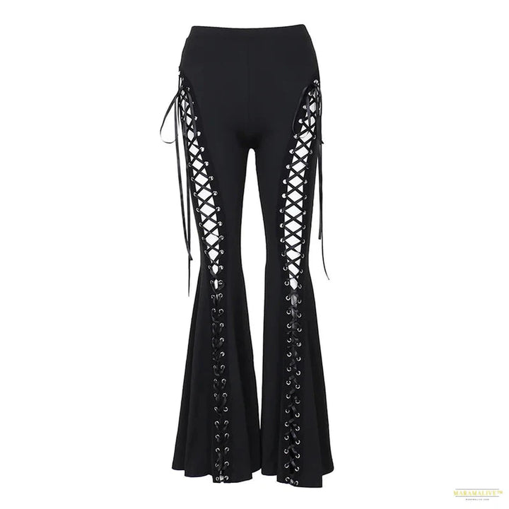 Maramalive™ Gothic Bandage Cut Out Pants Black Clothes for Women Cyber Punk Lace Up High Waist Flare Pants Dark Academia