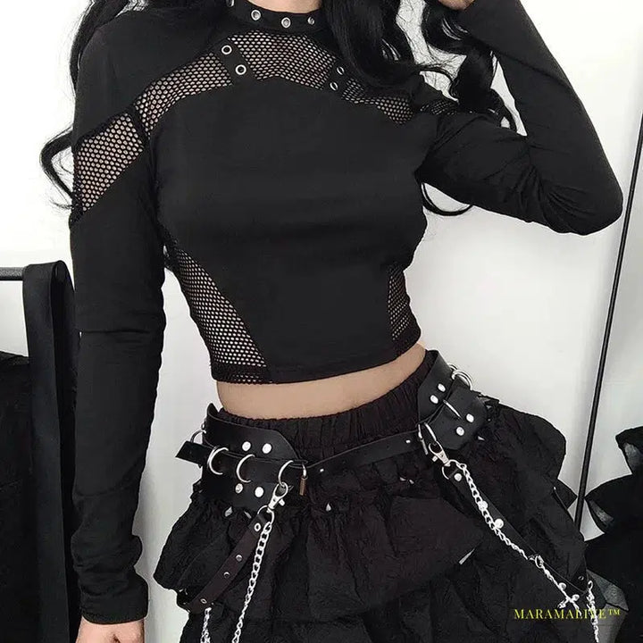 Maramalive™ Gothic Chic See-Through Black Crop Top - Mesh Patchwork Full Sleeve Punk Style T-shirt