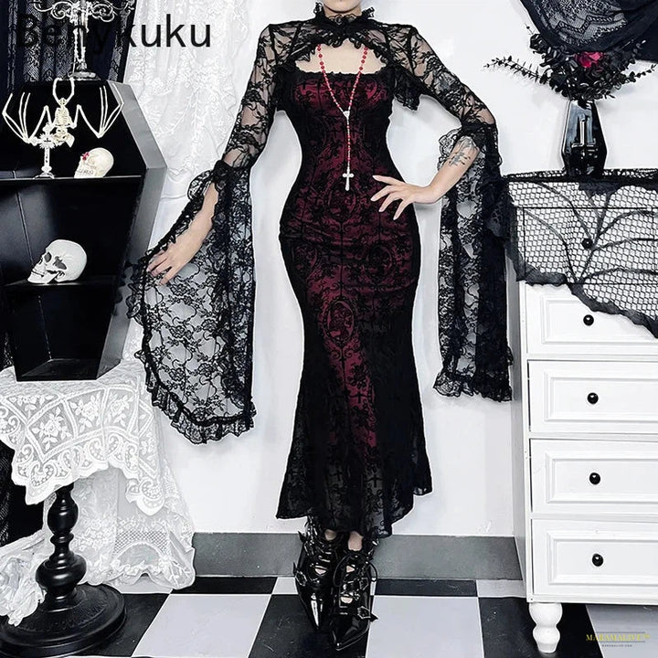 Maramalive™ Gothic Cross Flocking Sling Fishtail Dress Women Retro Velvet Cold Shoulder Sexy Spaghetti Strap Wedding Party Long Dresses