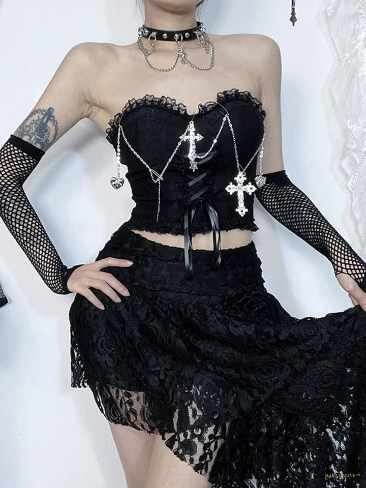 Maramalive™ Gothic Dark Punk Vest Women Streetwear Harajuku Grunge Lace Patchwork Cross Chian Lace-up Croset Crop Tank Tops Female