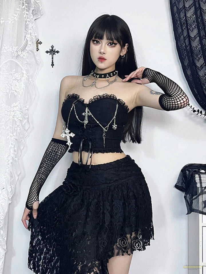 Maramalive™ Gothic Dark Punk Vest Women Streetwear Harajuku Grunge Lace Patchwork Cross Chian Lace-up Croset Crop Tank Tops Female