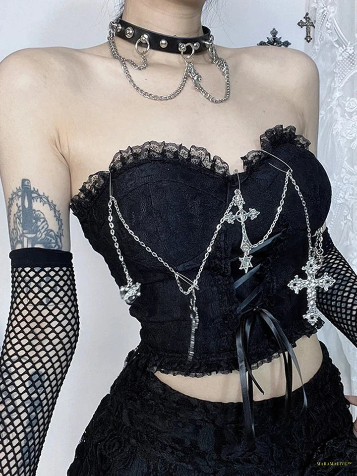 Maramalive™ Gothic Dark Punk Vest Women Streetwear Harajuku Grunge Lace Patchwork Cross Chian Lace-up Croset Crop Tank Tops Female