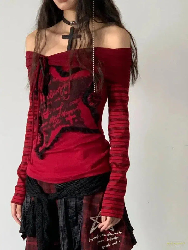 Maramalive™ Gothic Off Shoulder Women T-shirts Red Harajuku Striped Japanese Y2k AestheticLong Sleeve Tops Vintage Goth Sexy Tshirts