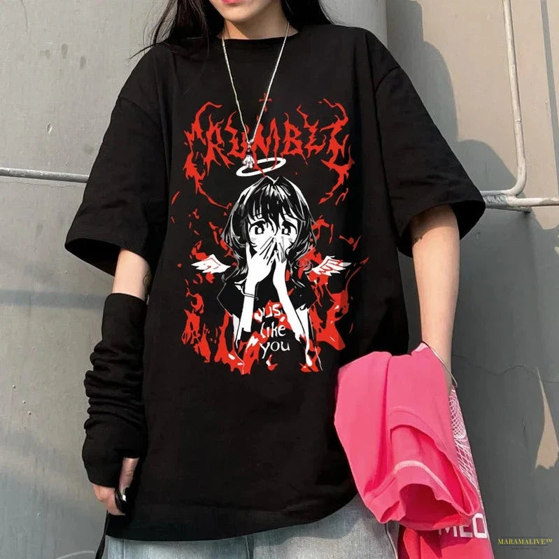 Maramalive™ Gothic Punk Cartoon Short Sleeve T-Shirt O-Neck Women Summer Ulzzang Hip Hop Loose Casual Streetwear Aesthetic Clothes