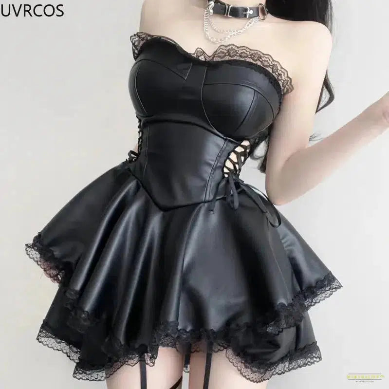 Maramalive™ Gothic Punk Style Black Party Mini Dress Women Sexy Hollowed Out Bandage PU Leather Strapless Dresses Sweet Girls Y2K Lace Dress