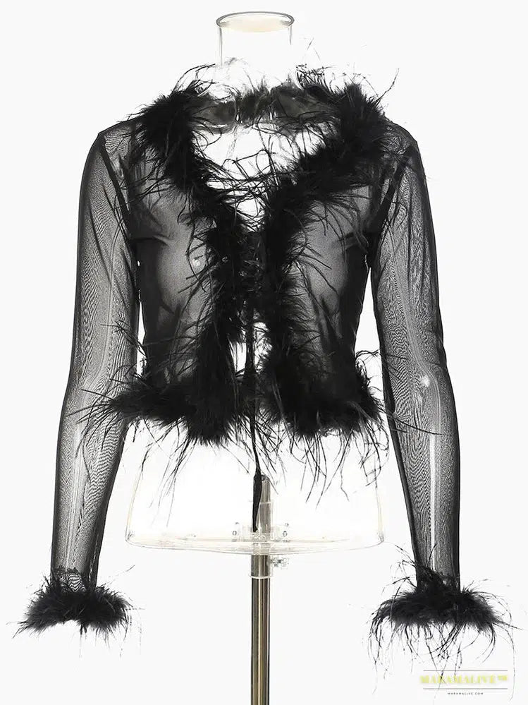 Maramalive™ Handmade Black Mesh V-Neck Feather Cuff Blouse, Unique Partywear & Streetwear