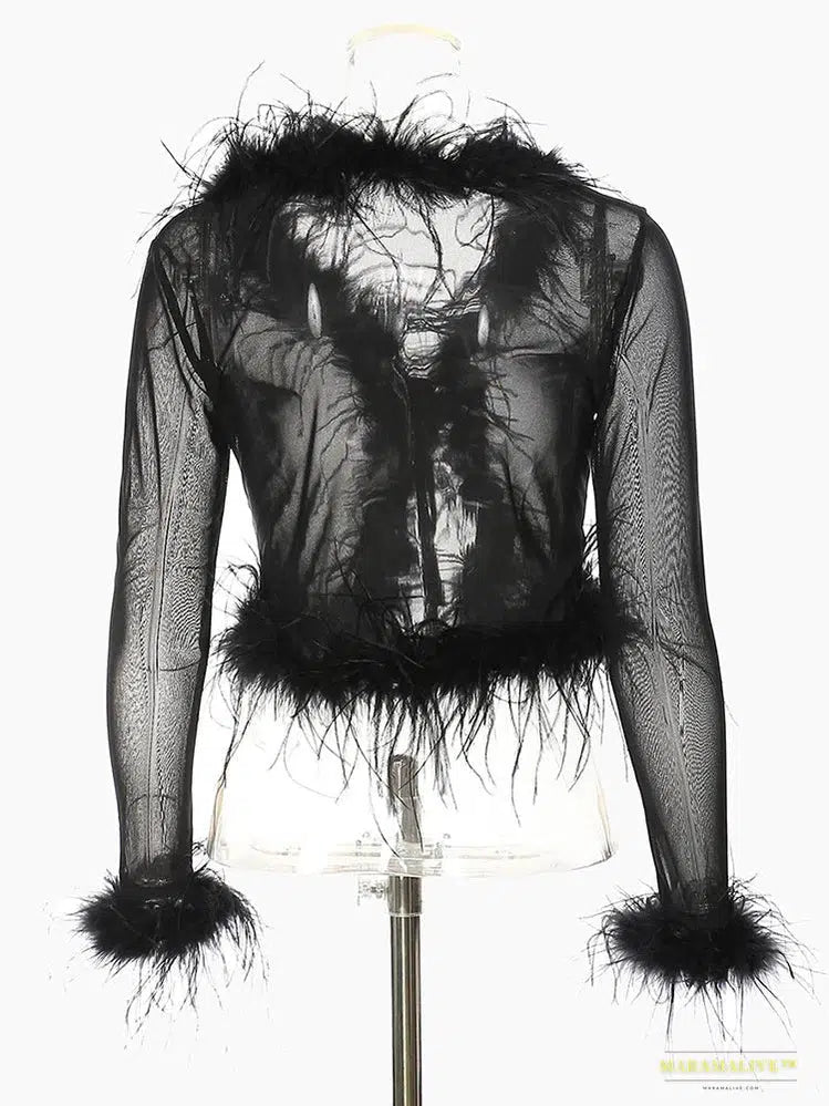 Maramalive™ Handmade Black Mesh V-Neck Feather Cuff Blouse, Unique Partywear & Streetwear