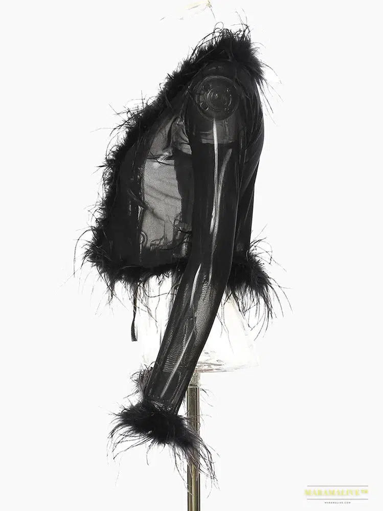 Maramalive™ Handmade Black Mesh V-Neck Feather Cuff Blouse, Unique Partywear & Streetwear