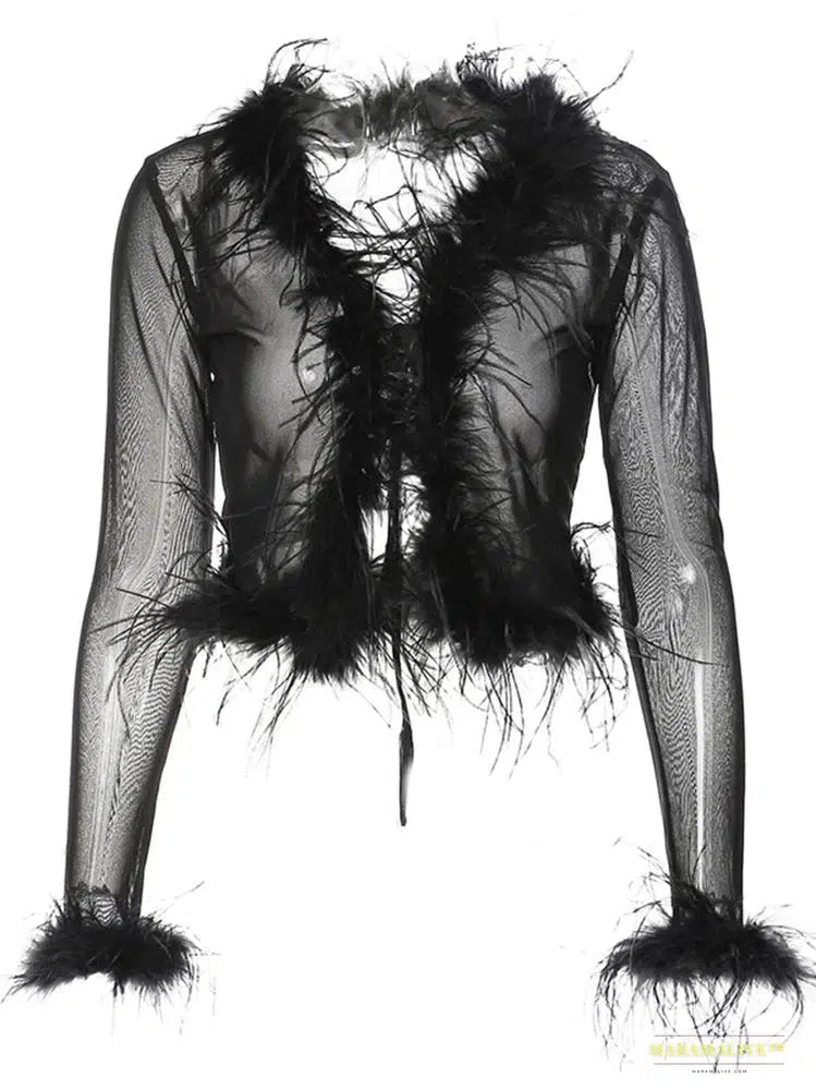 Maramalive™ Handmade Black Mesh V-Neck Feather Cuff Blouse, Unique Partywear & Streetwear