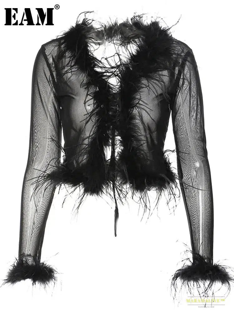 Maramalive™ Handmade Black Mesh V-Neck Feather Cuff Blouse, Unique Partywear & Streetwear