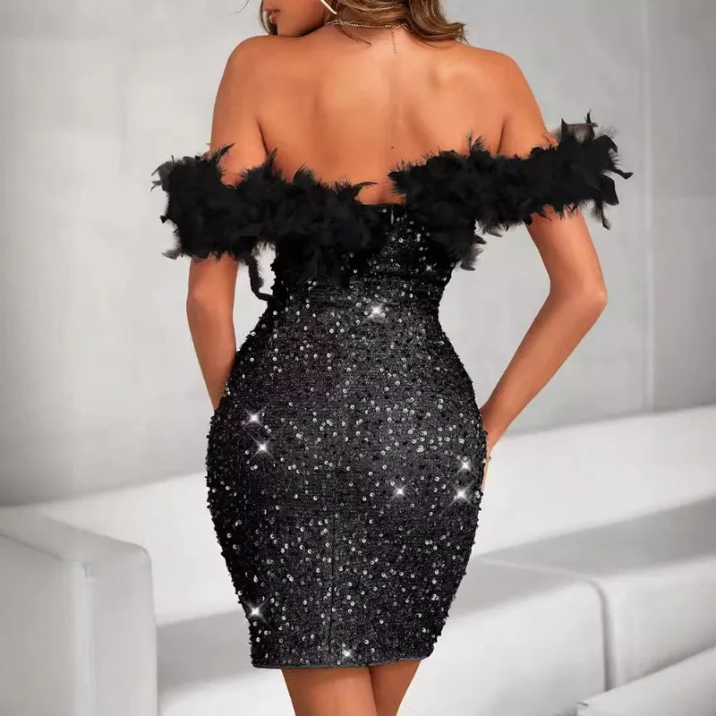 Maramalive™ Handmade Black Paillette Feather Stitching Sexy Dress - Perfect for Halloween & Clubbing