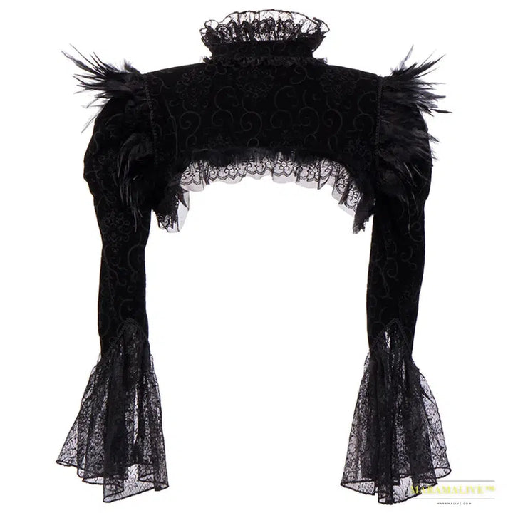 Maramalive™ Handmade Gothic Black Flannel Victorian Jacket - Feather & Lace Details, Flared Sleeves, Stand Collar